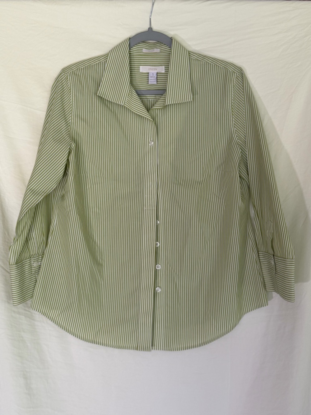 Chico's Green and White Striped Cotton Button-Down